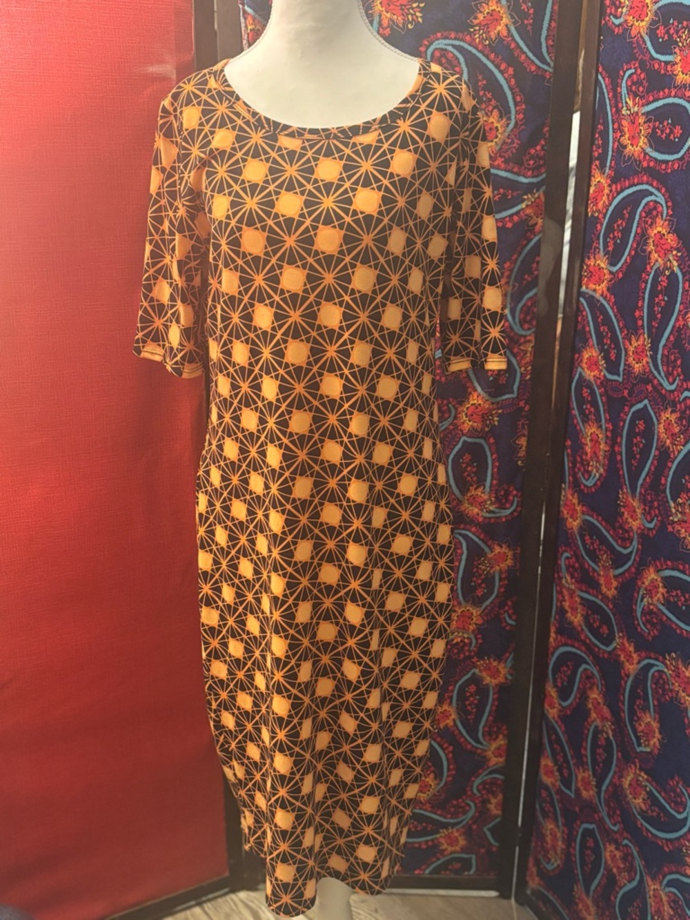 LuLaRoe Orange & Black Geometric Midi Dress